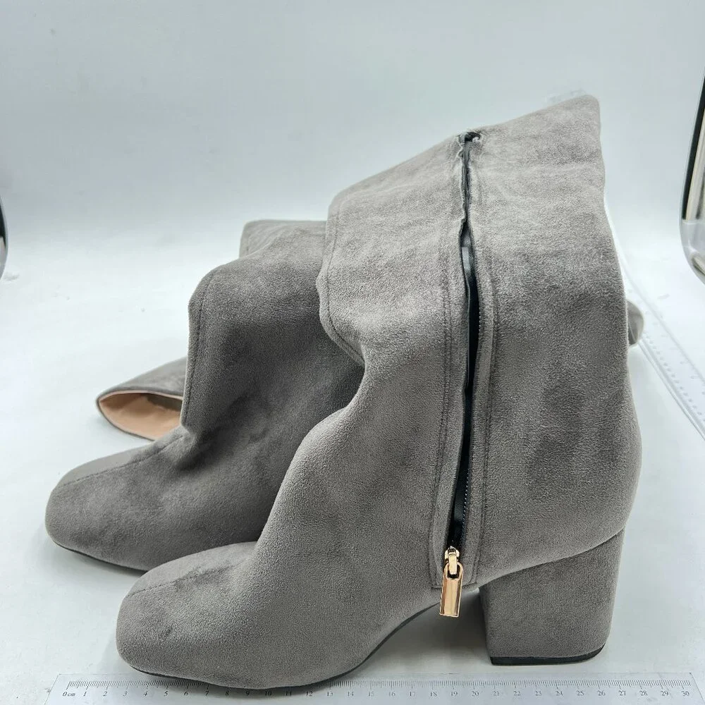 Grey Women Over The Knee High Boots Square Toe Low Chunky Heels Side Zipper Shoe